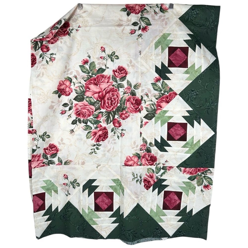 Handmade Green Red Pink Rose shabby chic unfinished Quilt topper